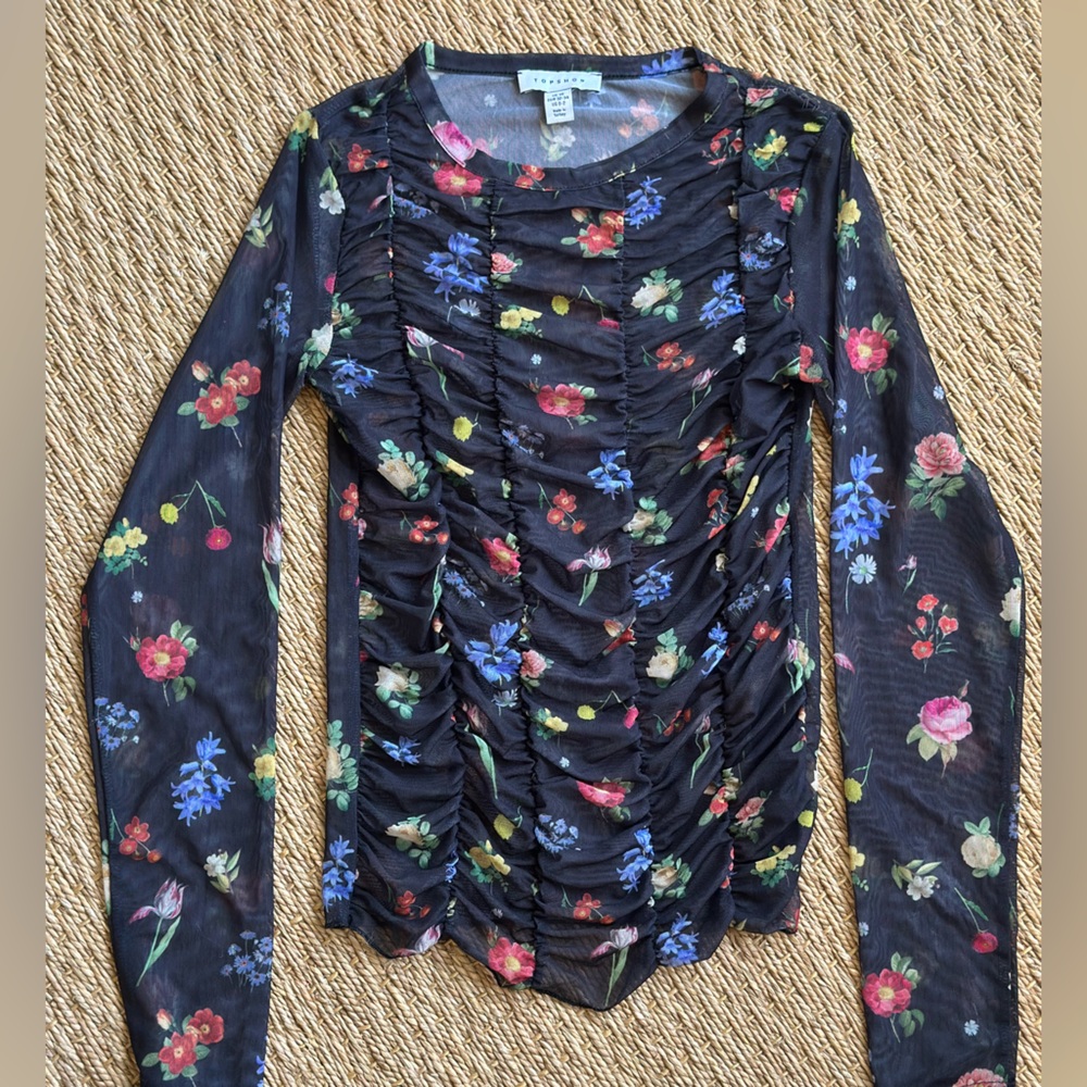 Topshop Floral Black Ruched Women’s Sheer Blouse XS 0-2